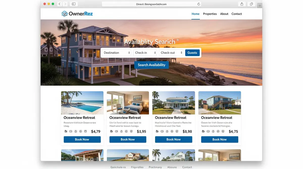 A direct booking website built with OwnerRez, showcasing multiple vacation rental listings along with an availability search feature.