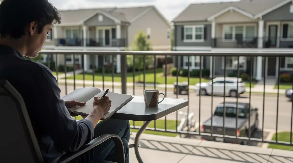 A person is seated on a balcony with a notebook in hand, jotting down notes while enjoying a view of various rental properties below.