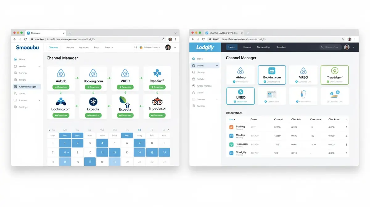 A side-by-side comparison of the Smoobu and Lodgify channel manager interfaces, highlighting their connected OTA listings and features…
