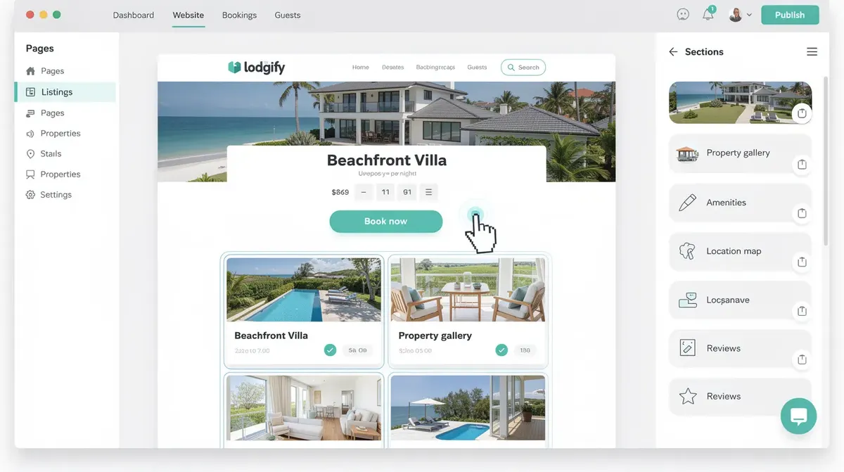 The Lodgify website builder interface, highlighting customizable templates for vacation rental owners with a drag-and-drop feature for…