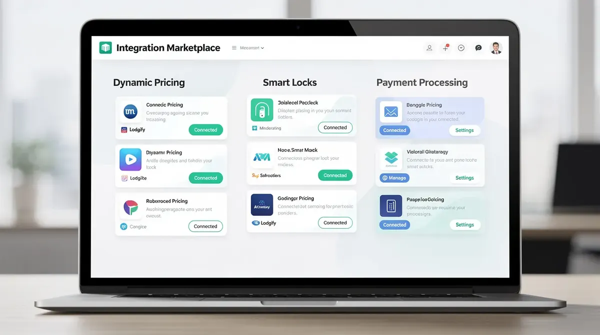 The Lodgify integration marketplace, showcasing various connected apps that enhance vacation rental management with features like…