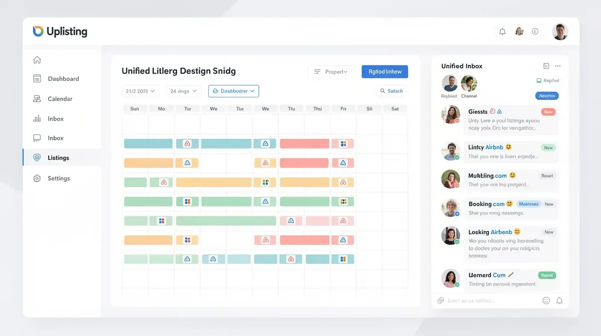 The Uplisting dashboard featuring a unified calendar and inbox, designed for vacation rental owners managing multiple properties across…